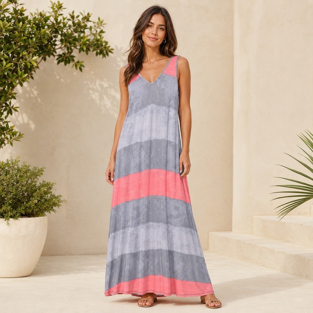 Halston Maxi Dress Women M Gray Pink Striped Sleeveless Twist Back Stretch VTG